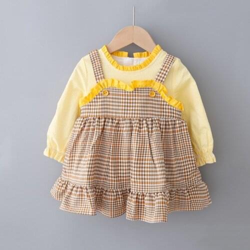 Spring Baby Girls Dress Plaid England Mock Two-Piece Flounced Dress Pendulum Casual A- line Dress Baby girl cloths Kids