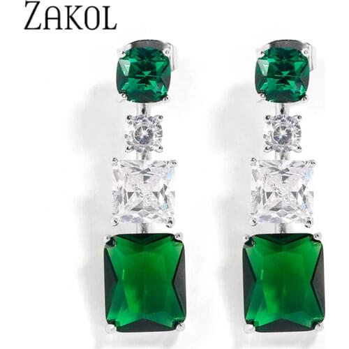 ZAKOL High Quality Beautiful CZ Dangle Earrings for Women Designer Luxury Green Square AAA Cubic Zirconia Bridal Wedding Jewelry