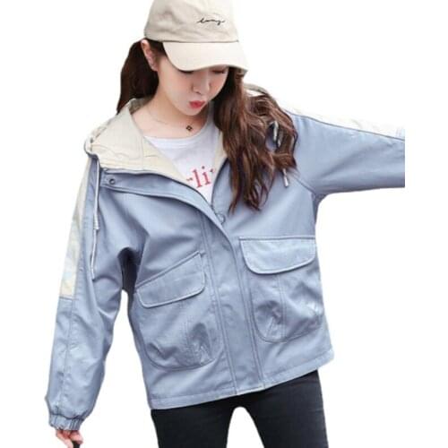 2021 Spring Autumn Women Jacket Pocket Zipper Jackets Causal Hooded Windbreaker Loose Basic Coat Plus Size 3XL