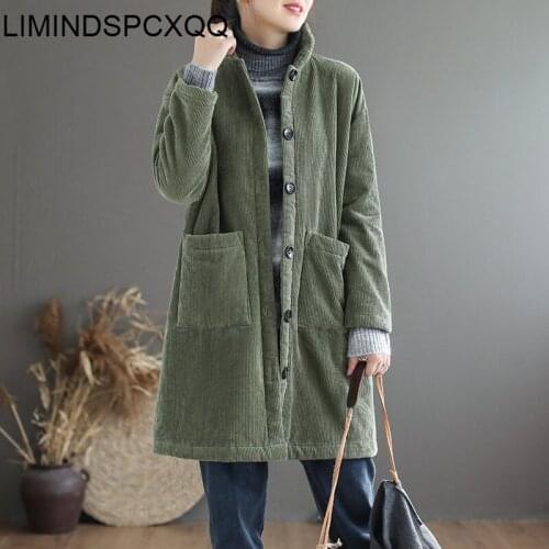 Womens Corduroy Parkas 2021 Long Sleeve Winter Thick Cotton-padded Warm Single Breasted Casual Female Long Outerwear Plus Size