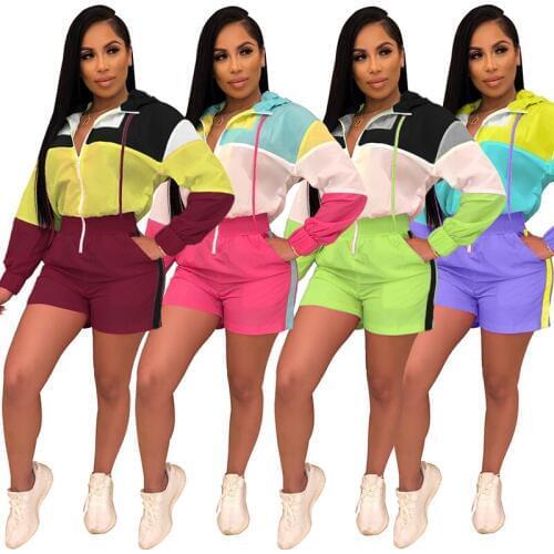 2019 New Summer Casual Patchwork Colors Women Playsuits Zippers Front Pockets Pants Jumpsuit Long Sleeve Print Hoodie Bodysuit