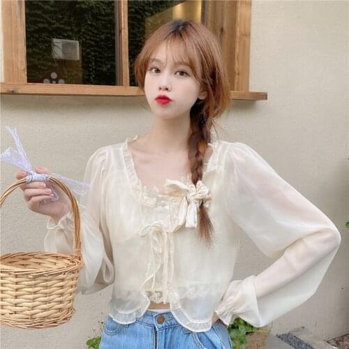 Korean Japanese Style Women Sweet Sexy Solid Crop Top Patchwork Shirt Ruffles Tank Top Blouse Chic Ladies Shirts Femme Clothing