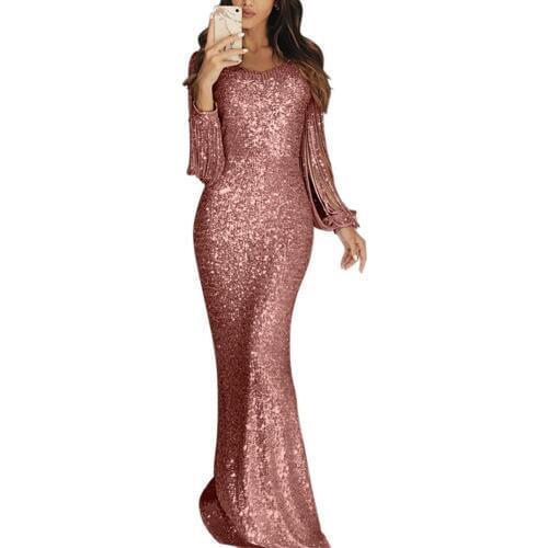 Ladies V-neck long-sleeved tassel dinner dress bag hip dress dress long dresses evening вечерние платья больших размеров