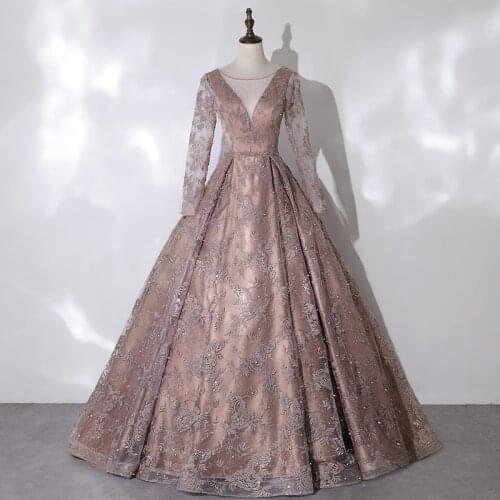 Evening Dress Full Sleeves Deep V-Neck Elegant Floor-Length Lace Up Pearls Embroidery Ball Gown Party Formal Dresses Woman B868