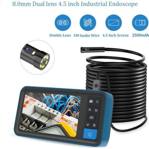 1080p HD 8.0MM Dual Lens 5.5mm lens 4.5 Inch LCD endoscope Borescope 5M snake flexible tube inspection camera 3.9mm Otoscope