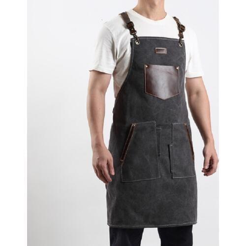 A016 New Tool Canvas With Leather Kitchen Apron Double Shoulder Straps H-neck Suit Antifouling Restaurant Apron Studio Apron