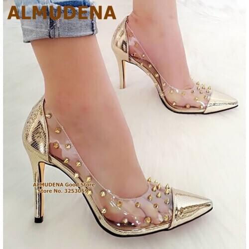 ALMUDENA Transparent PVC Rivets High Heel Shoes Gold Silver Snakeskin Pointed Toe Dress Pumps Clear Wedding Shoes Size45 Women