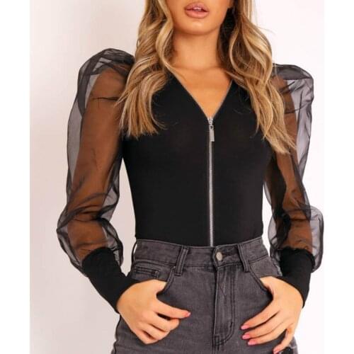 Sexy Solid Color Sheer Mesh Puff Sleeve Zip Up Bodysuit Fashion Women Long Sleeve V-neck Skinny Bodysuit