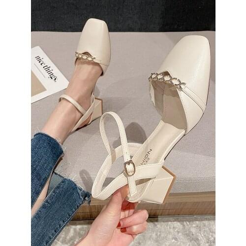 Summer trend casual all-match square toe solid color sequin buckle ladies high-heeled sandals exquisite temperament single shoes