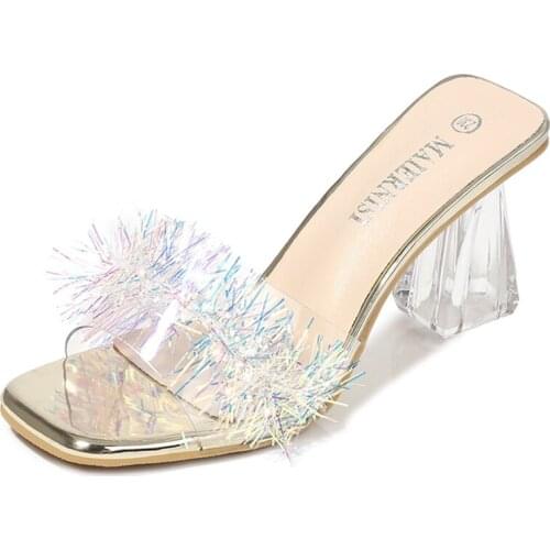 Catwalk large size 34-46 shoes feminine sandals slippers transparent shoes female stiletto 8 cm high heels