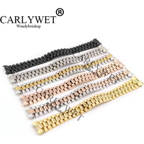 CARLYWET 20mm Silver Black Middle Gold Solid Curved End Screw Link Stainless Steel Wrist Watch Band Bracelet For President