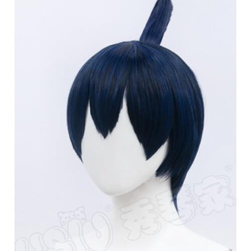 「HSIU Brand」Anime Chainsaw Man Cosplay Hayakawa Aki Wig Blue and black short hairpin ponytail Fiber synthetic wig+ Free wig cap