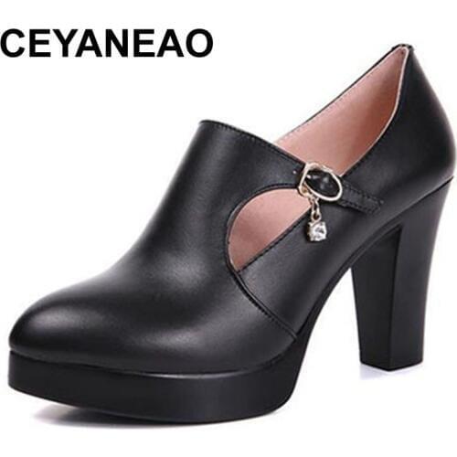 CEYANEAO 2019 Super High Heels Womens Pointed Toe Comfortable Genuine Leather Office Work Black Pumps Plus Size 34-43 E1487