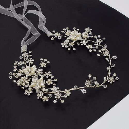 Floral Pearl Beaded Crown Wedding Headpiece Tiara Headband Headdress Vine Hair Accessories color for Bride Bridesmaids Jewelry