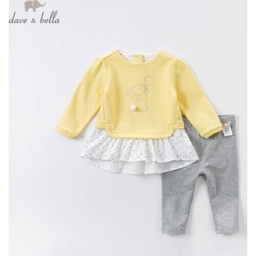 DB14833 dave bella autumn baby girls fashion cartoon rabbit print dots clothing sets kids cute sets children 2 pcs suit