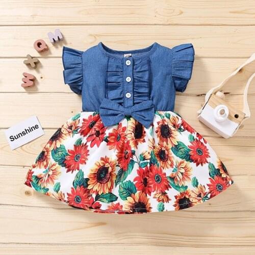 Girls Princess Dress Summer Baby Denim Ruffle Sleeves Cowboy Floral Print Tutu Beach Bohemia Clothing Party Children Costume