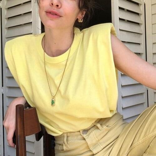 2020 New Solid Color Sleeveless Shoulder Pad T-shirt Round Neck Loose Women Tank Tops Fashion Summer T-shirts