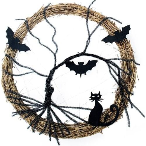 Simulation Cat And Bat Glow Wreath Halloween Decorative Wreath Door Hanger For Halloween Home Party Decoration