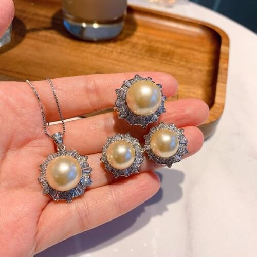 QTT Charms 925 Silver Wedding Jewelry Sets for Girlfriend Vintage Pendant Necklace Earrings Ring Pearl Sets Wedding Jewelry