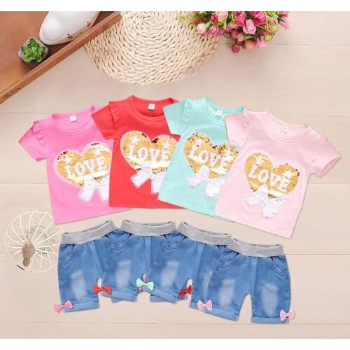 Newborn Baby Girl Clothes Set Summer Outfits Toddler Baby Girls Ruffle Paillette Love Bow Printed Tops +denim Shorts ملابس اطفال