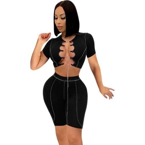 Summer Sexy Bandage Shorts Set Women Clubwear Lace Up Short Sleeve Crop Top and Biker Shorts Set Bodycon 2 Piece Matching Sets