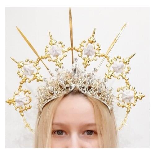 Lolita Halo Headband Angel Gold Goddess Headpiece Virgin Mary Bride Crown Baroque Tiara Headwear