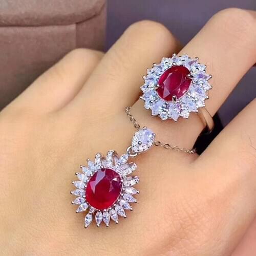 2.20Ct Nice Heated Ruby Jewelry Sets for Women Party Necklace and Ring Fine Jewelry Real Red Gemstones S925 Sterling Silver S69