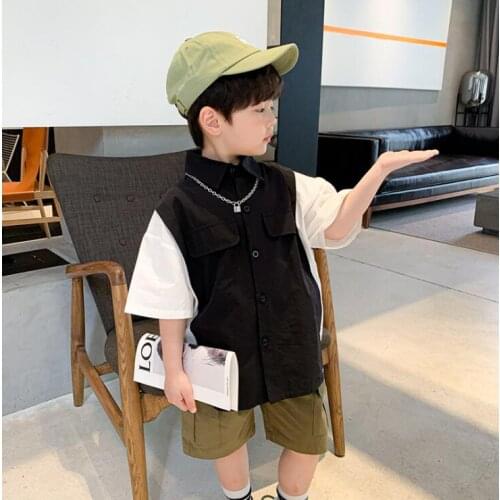 2021 new girls boys patchwork shirt cotton shorts sleeve summer kids top