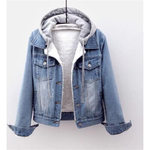 New Fashion Denim Parkas Womens Jacket Short Was Thin Winter Coat Detachable Hooded Warm Lamb Velvet Cotton Jacket Women Coat