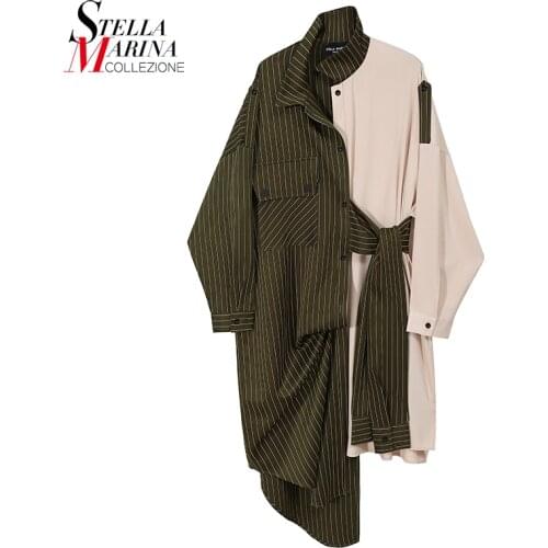 New Woman Hit Color Design Plus Size Autumn Asymmetrical Shirt Dress Long Sleeve Striped Sashes Ladies Stylish Dress Robe 6793