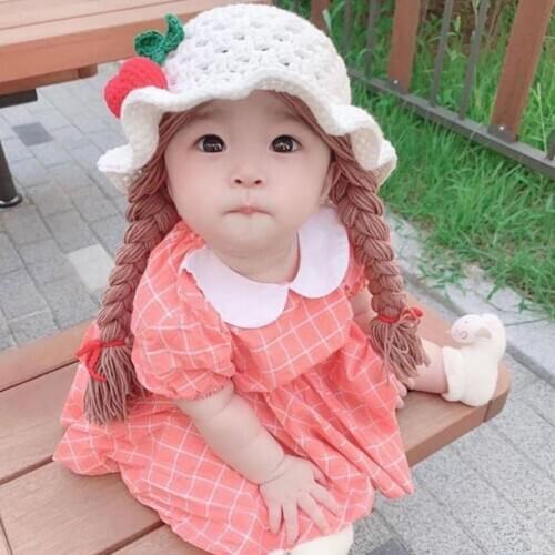 2020 Autumn Winter Baby Girls Woolen Yarn Knitted Hat Bonnet Braided Wig Warm Infant Sunflower Cherry Cap Fashion Photo Prop New