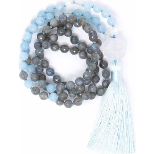 108 Mala Beads Necklace Hand Knotted Mala Necklace with Tassel Stress Relief Labradorite Jewelry Yoga Prayer Meditation Jewelry