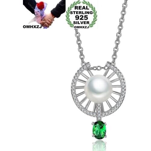 OMHXZJ Wholesale Personality Fashion OL Woman Girl Gift White Round Pearl AAA Zircon 925 Sterling Silver Pendant Necklace CH87
