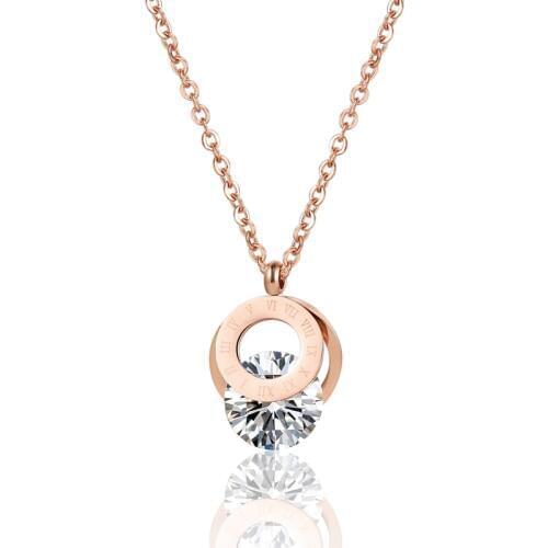 Roman Numeral Double Circle With Shiny Crystal Pendant Necklace High Quality Stainless Steel Love Ketting Jewelry For Women Gift