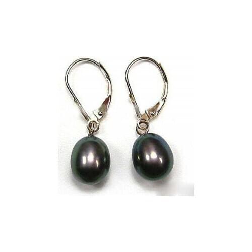 8x10mm Black Freshwater Pearl Earring AAA Silver Hook