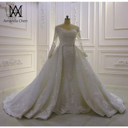 Robe mariage civil Off Shoulder Long Sleeve Lace Appliqued Removable Skirt Wedding dress