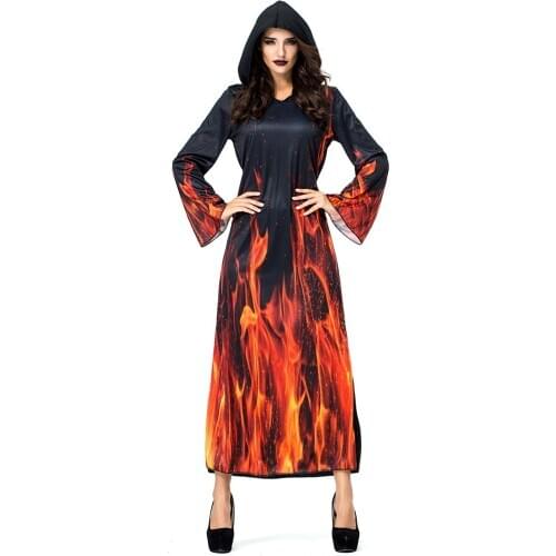 Umorden Women Underworld Hell Flame Fire Devil Costume Hoody Robe Halloween Carnival Purim Party Costumes