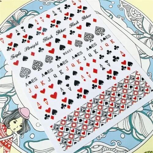 WG651 WG650 Card playing card Poker 3D Back glue Nail Art Stickers Decals Sliders Nail ornament decoration