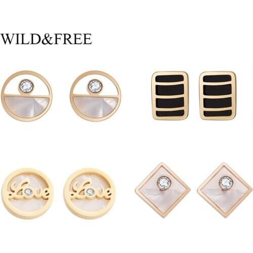 Wild&Free New Geometric Stud Earrings For Women Stainless Steel Round Natural Shell Love Earrings Minimalist Jewelry Gift