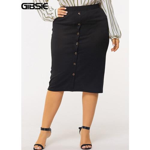 GIBSIE Solid Button Front Kneee Length Pencil Skirt Plus Size 3xl 4xl Women Spring Summer High Waist Office Lady Midi Skirts