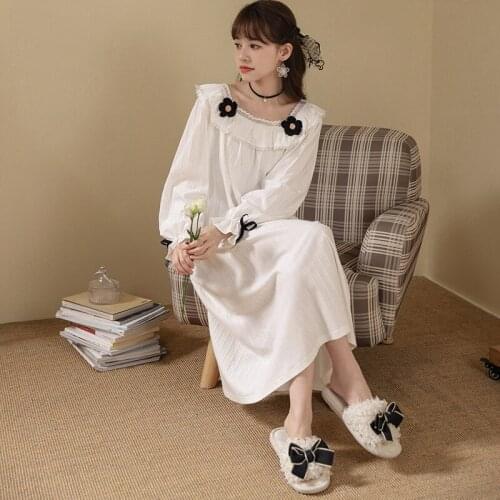 Autumn/winter New Princess Wind Lady Sleep Skirt Long Sleeve Knitted Cotton Korean Cute Homewere Pure Color Simple Woman Dress