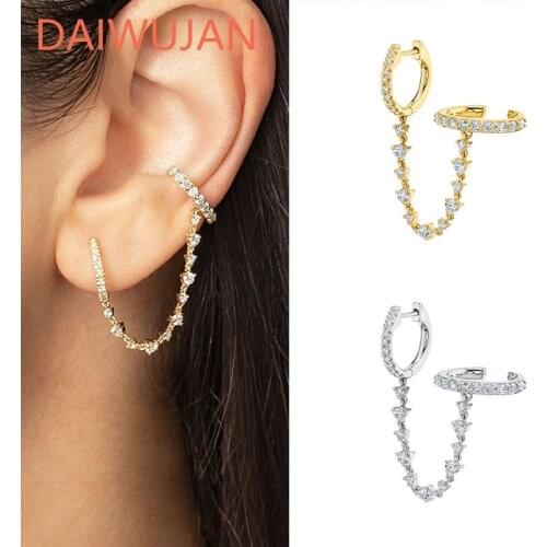 DAIWUJAN Real 925 Sterling Silver Hoop Earrings For Women Round Diamond Zircon Chain Tassel Ear Cuffs Piercing Pendientes
