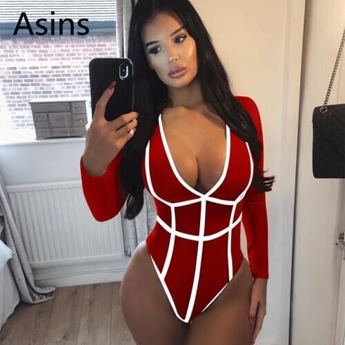 Asins bodysuit women 2019 spring summer new hot casual fashion splice long sleeved deep V neck elastic force sexy slim bodysuits
