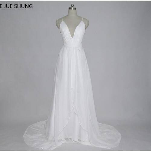 E JUE SHUNG White Chiffon Cheap Boho Wedding Dresses 2018 Deep V-neck Spaghetti Straps Backless Summer Beach Bridal Dresses