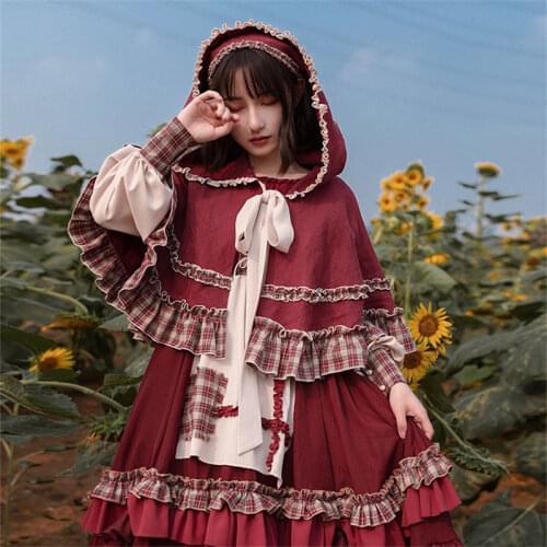 2020 HOT Sweet girl Lolita Women dress Vintage Patchwork Red dress With cloak Cute female bing Cosplay Little red riding hood