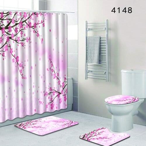 Flower 4pcs Barthroom Rug Set Waterproof Shower Curtain and Bath Mat Set Carpet Toilet Mat Accessories for Home Decor Room Mats