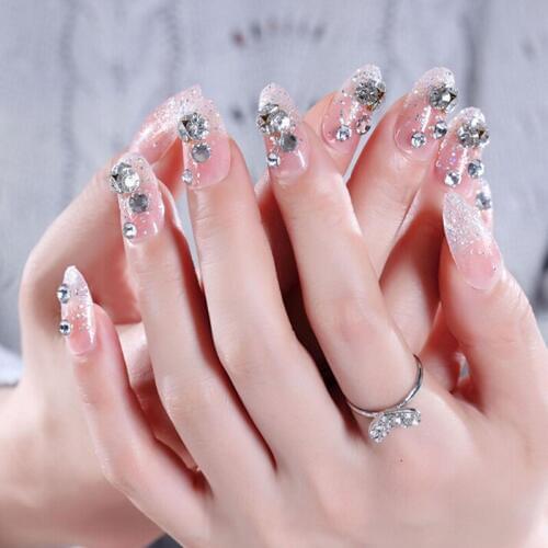 24pcs Acrylic Full Cover Nail Art Tips With Glue Bride Shining Rhinestone Wedding False Nails Ladies Sexy Party Nails Decoration
