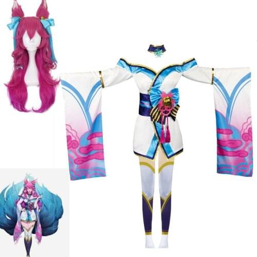 Ahri LOL Cosplay Costume Spirit Blossom Nine Tail Fox Cosplay Outfits Hot Halloween Game Costumes And wig Ears set