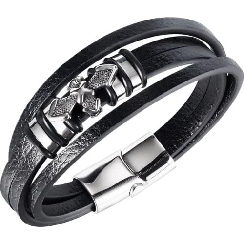 Cyue European Men Punk Black Multi-layer Leather Cross Charm Bracelet Stainless Steel Button Wristband Jewelry ZYLB0204