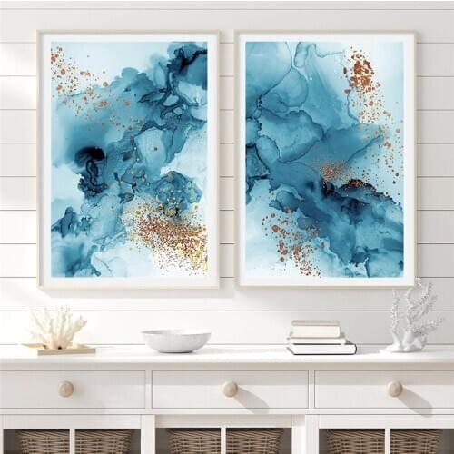 Home Decor Abstract Blue Ink Gold Poster Canvas Painting Wall Art Print Poster Picture Living Room Decoration